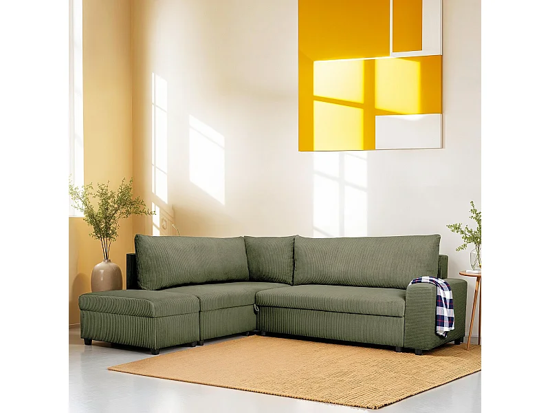 Canapé d'angle convertible réversible 4/5 places en velours côtelé vert kaki - Malte