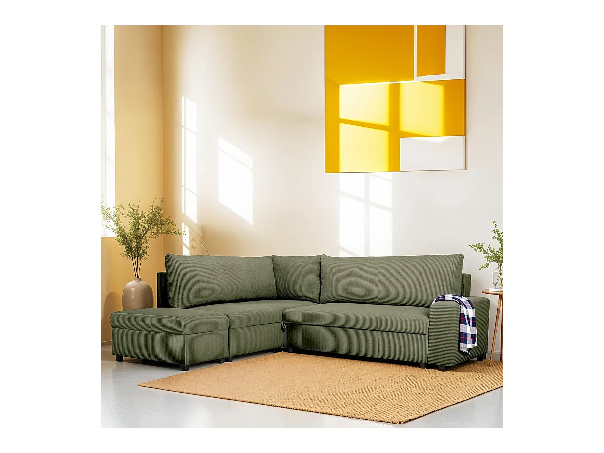 Canapé d'angle convertible réversible 4/5 places en velours côtelé vert kaki - Malte