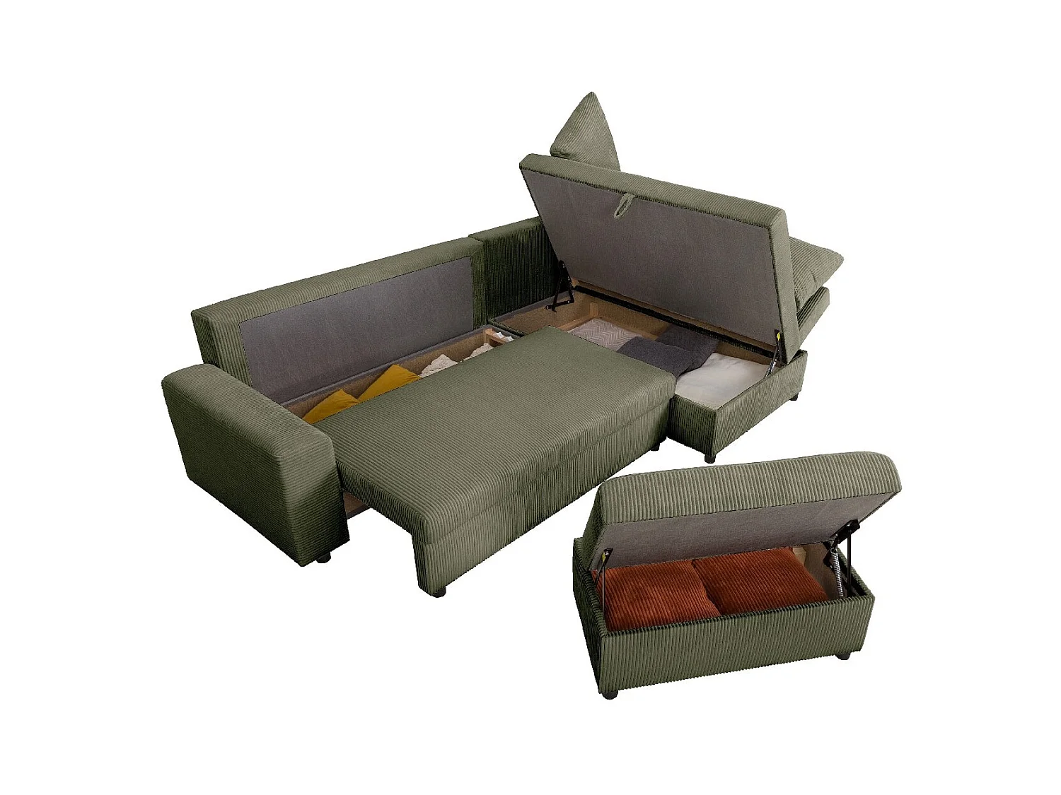 Canapé d'angle convertible réversible 4/5 places en velours côtelé vert kaki - Malte