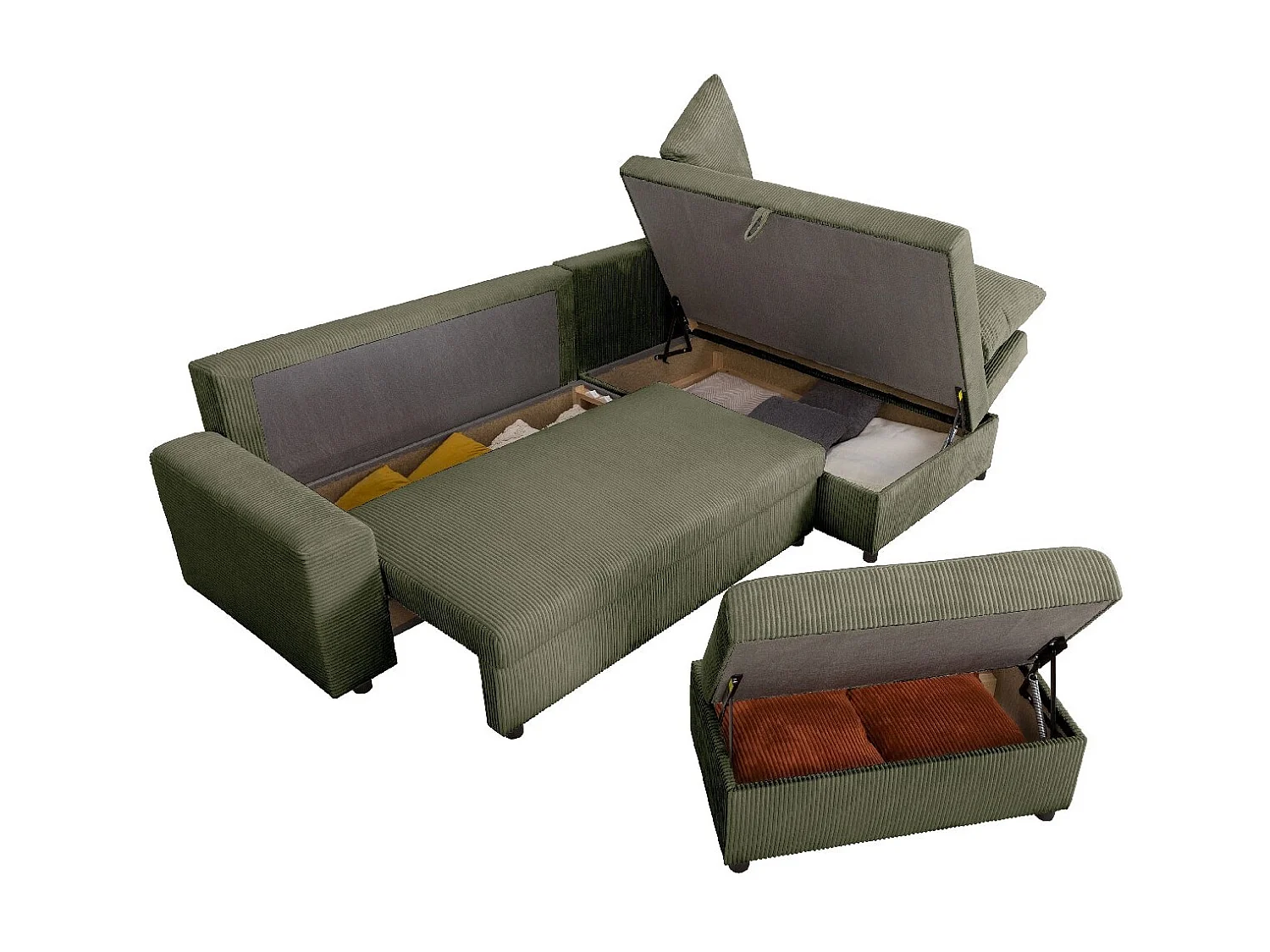 Canapé d'angle convertible réversible 4/5 places en velours côtelé vert kaki - Malte