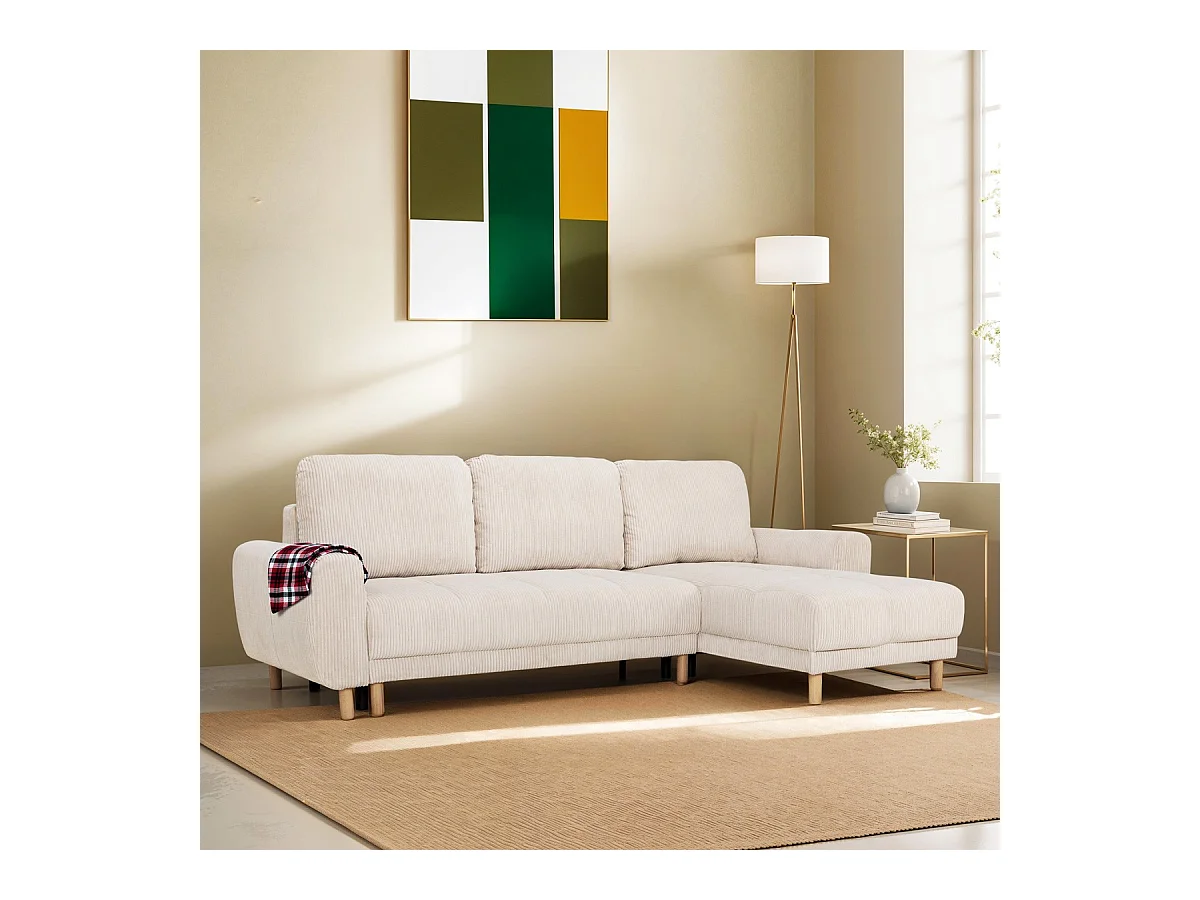 Canapé d'angle convertible réversible 3/4 places en velours côtelé beige - Alva