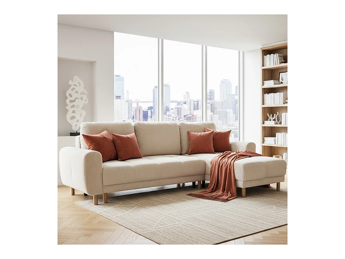 Canapé d'angle convertible réversible 3/4 places en velours côtelé beige - Alva