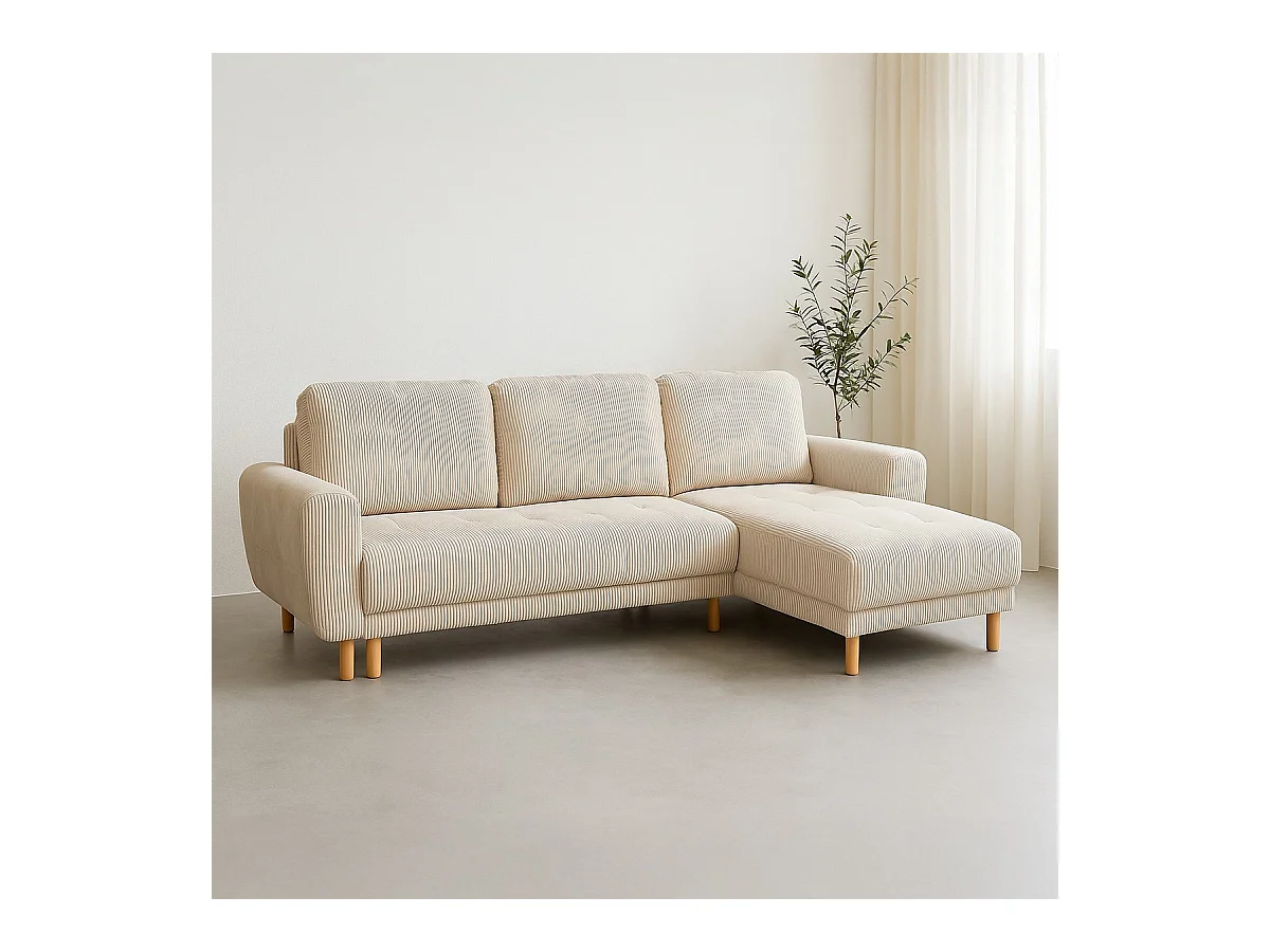 Canapé d'angle convertible réversible 3/4 places en velours côtelé beige - Alva