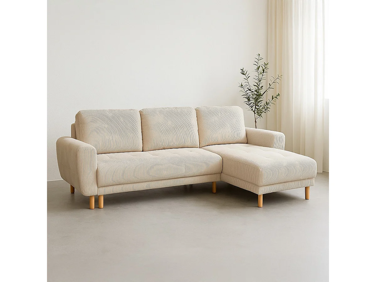 Canapé d'angle convertible réversible 3/4 places en velours côtelé beige - Alva