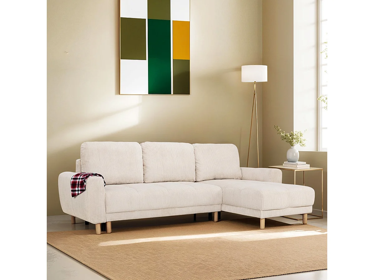 Canapé d'angle convertible réversible 3/4 places en velours côtelé beige - Alva