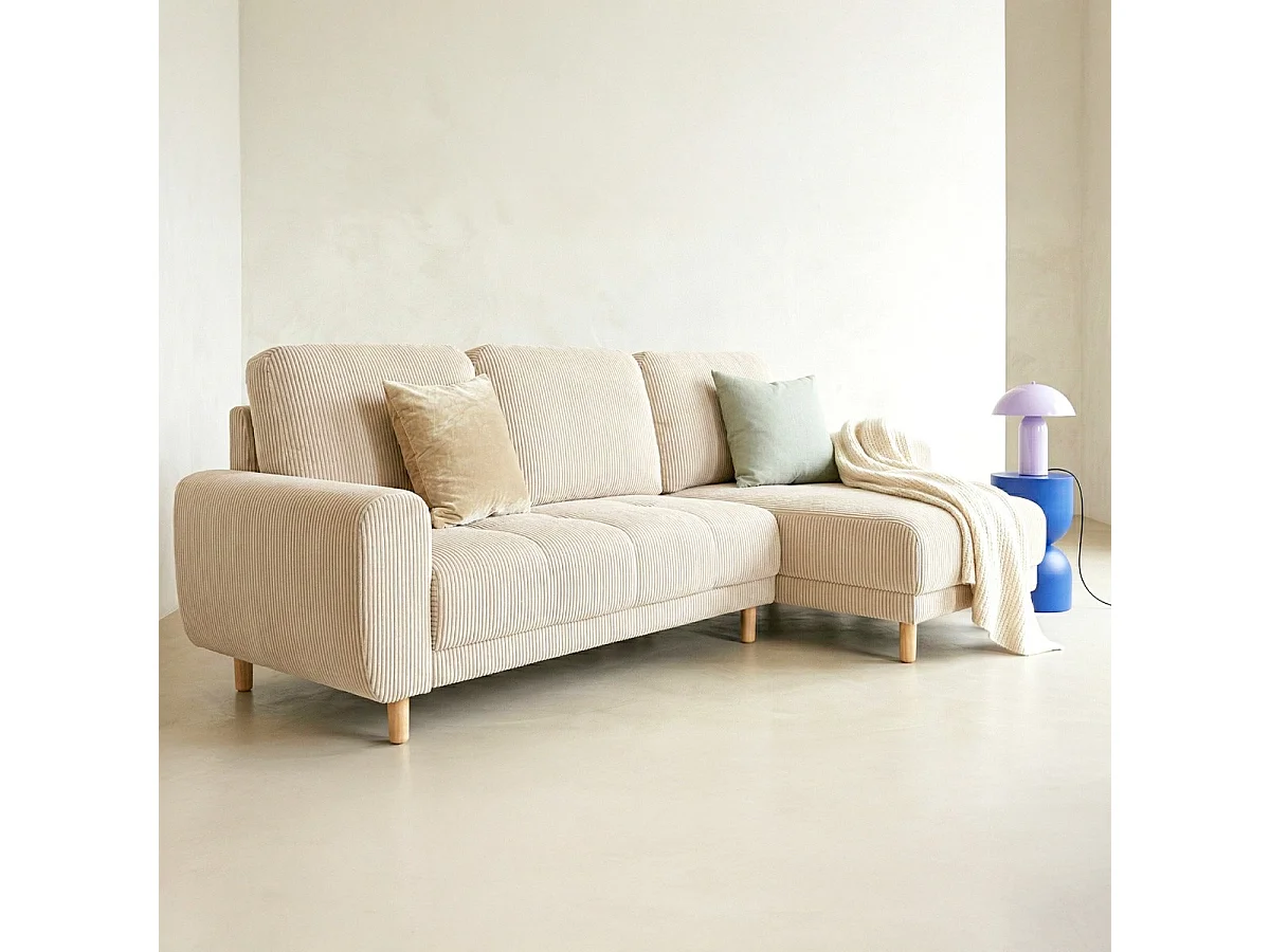 Canapé d'angle convertible réversible 3/4 places en velours côtelé beige - Alva
