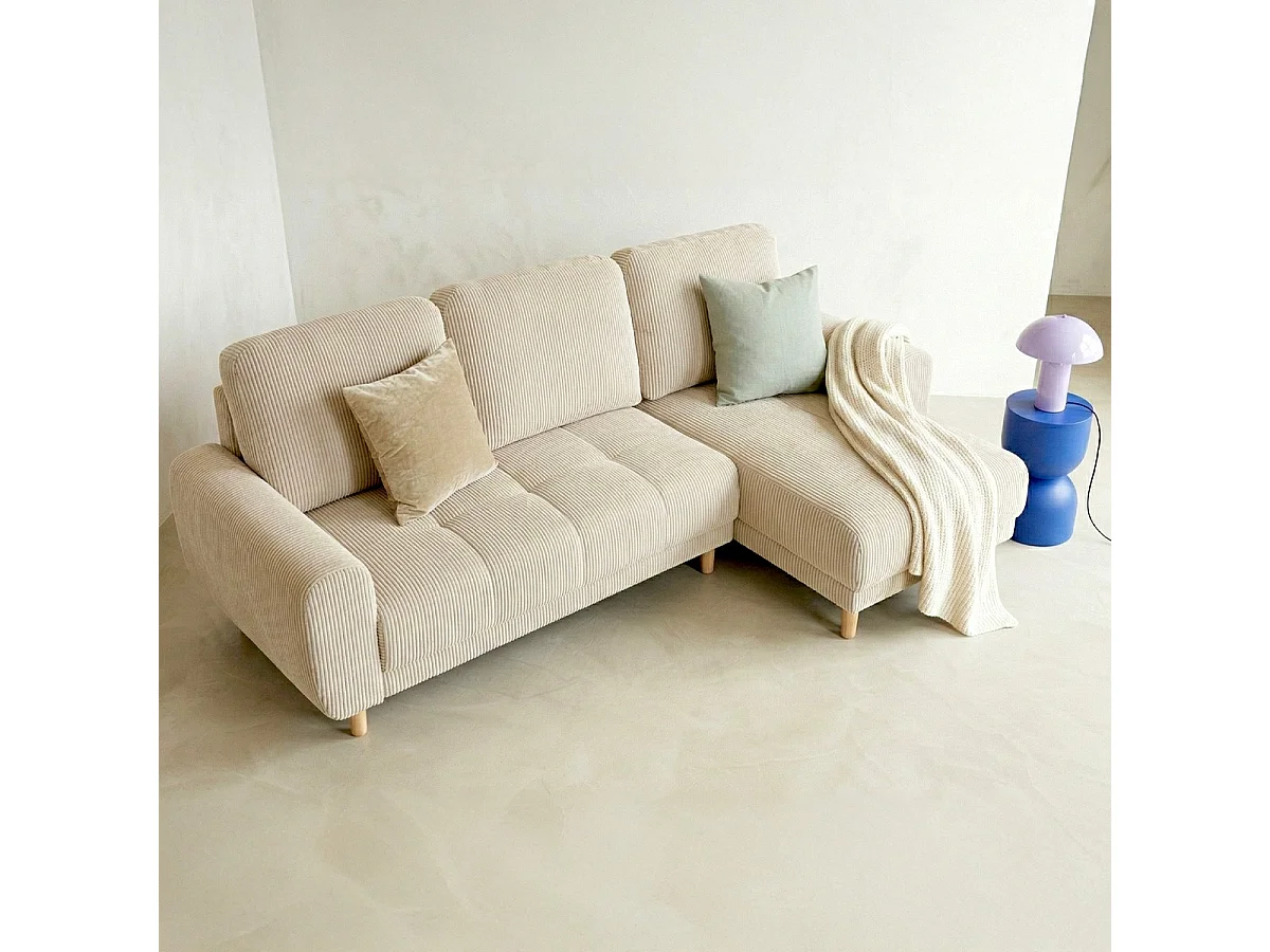 Canapé d'angle convertible réversible 3/4 places en velours côtelé beige - Alva