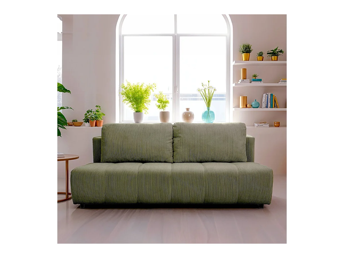Canapé convertible 3 places en velours côtelé vert kaki - Sacha
