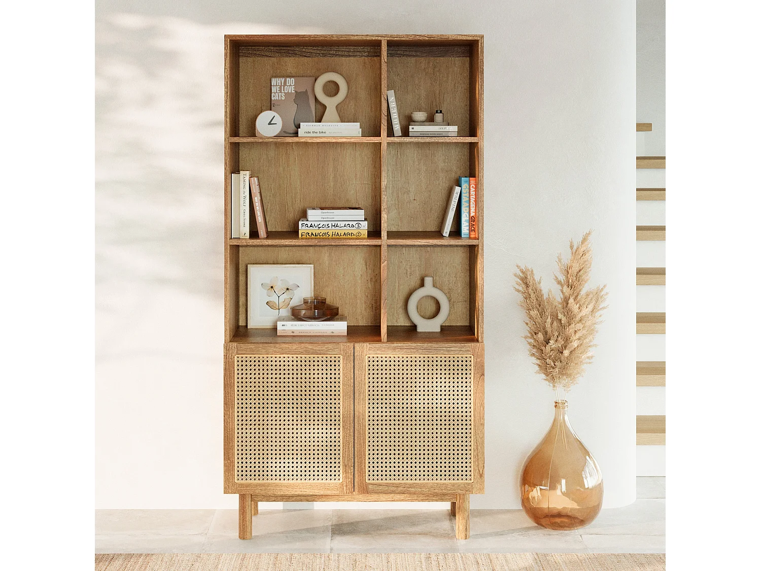 Bibliothèque en bois massif de mindi et rotin - Delya