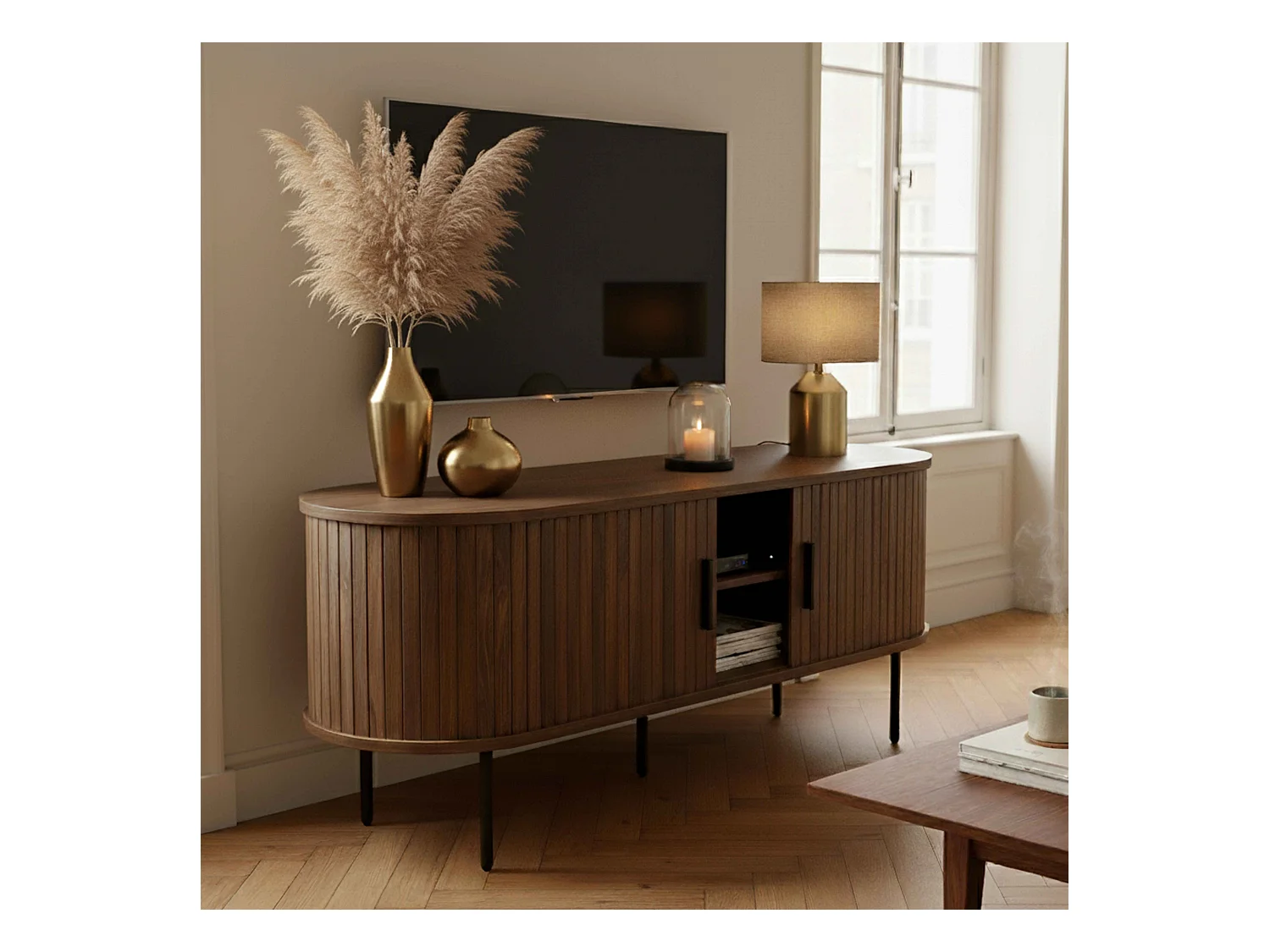 Meuble TV en mélaminé et acier 120 cm noyer