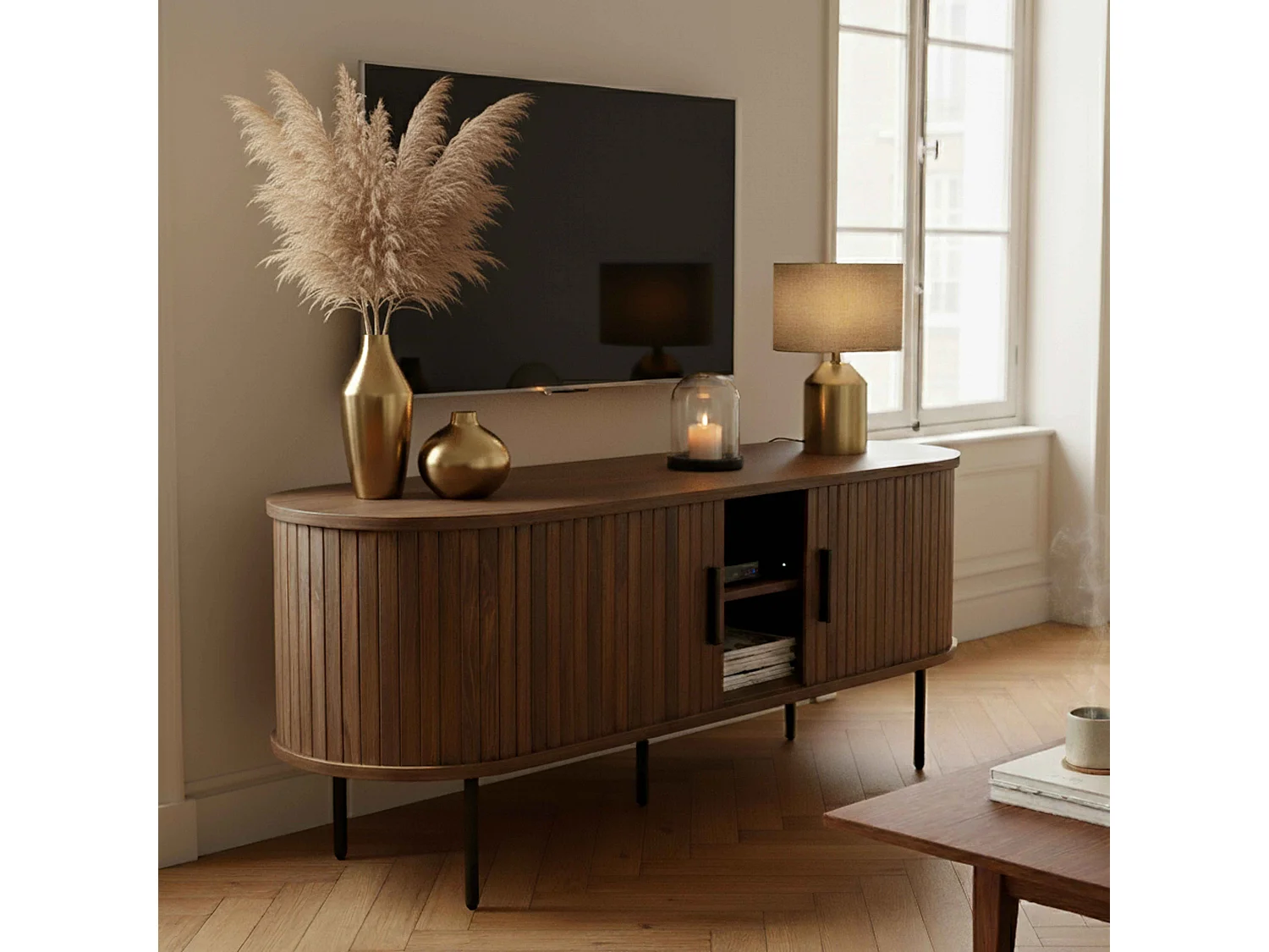 Meuble TV en mélaminé et acier 120 cm noyer