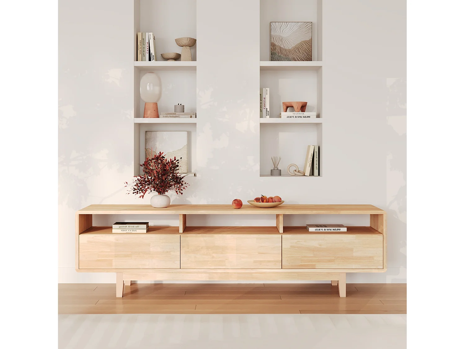 Meuble TV en bois d'hévéa massif effet blanchi - Gisèle