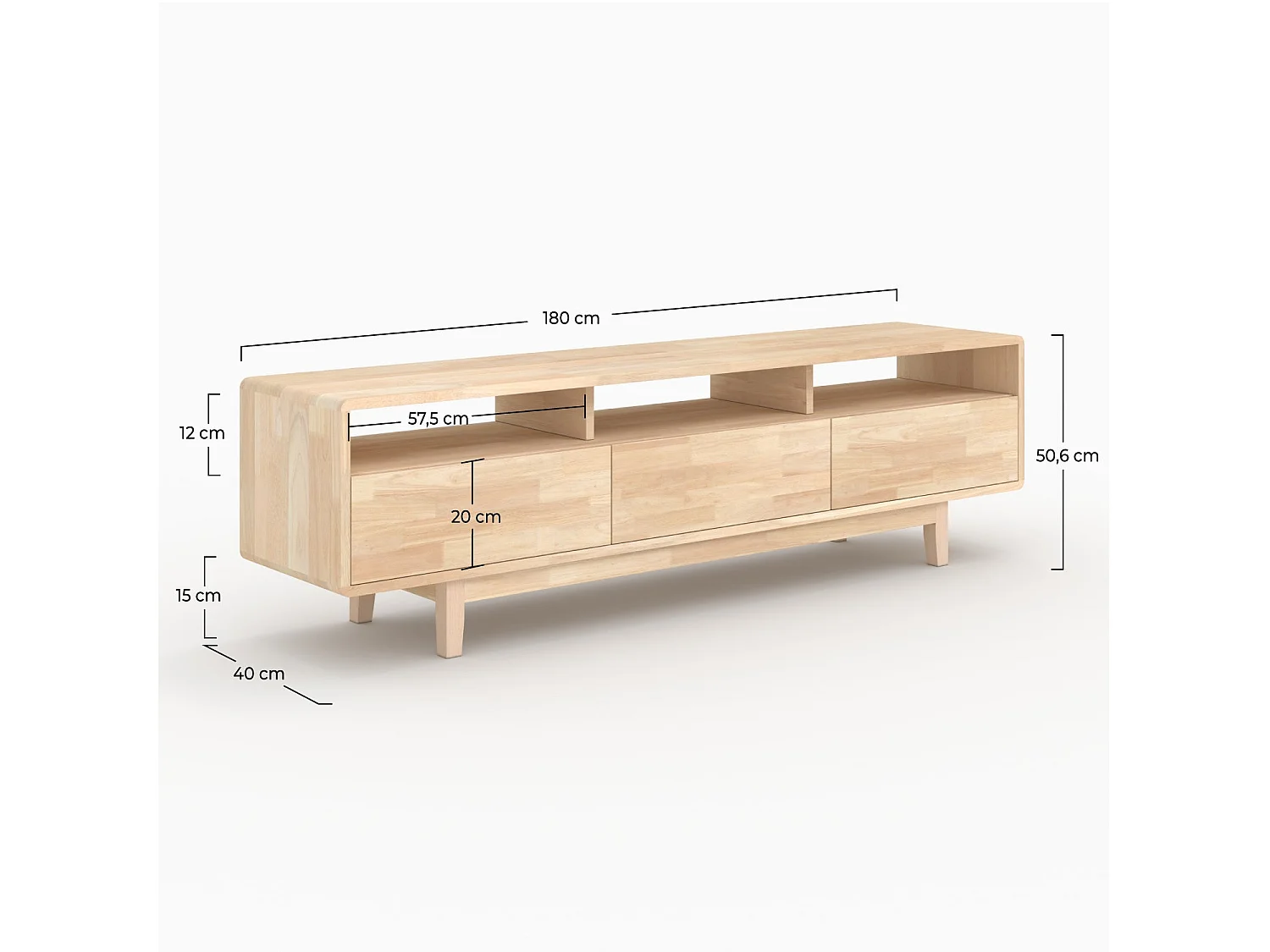 Meuble TV en bois d'hévéa massif effet blanchi - Gisèle