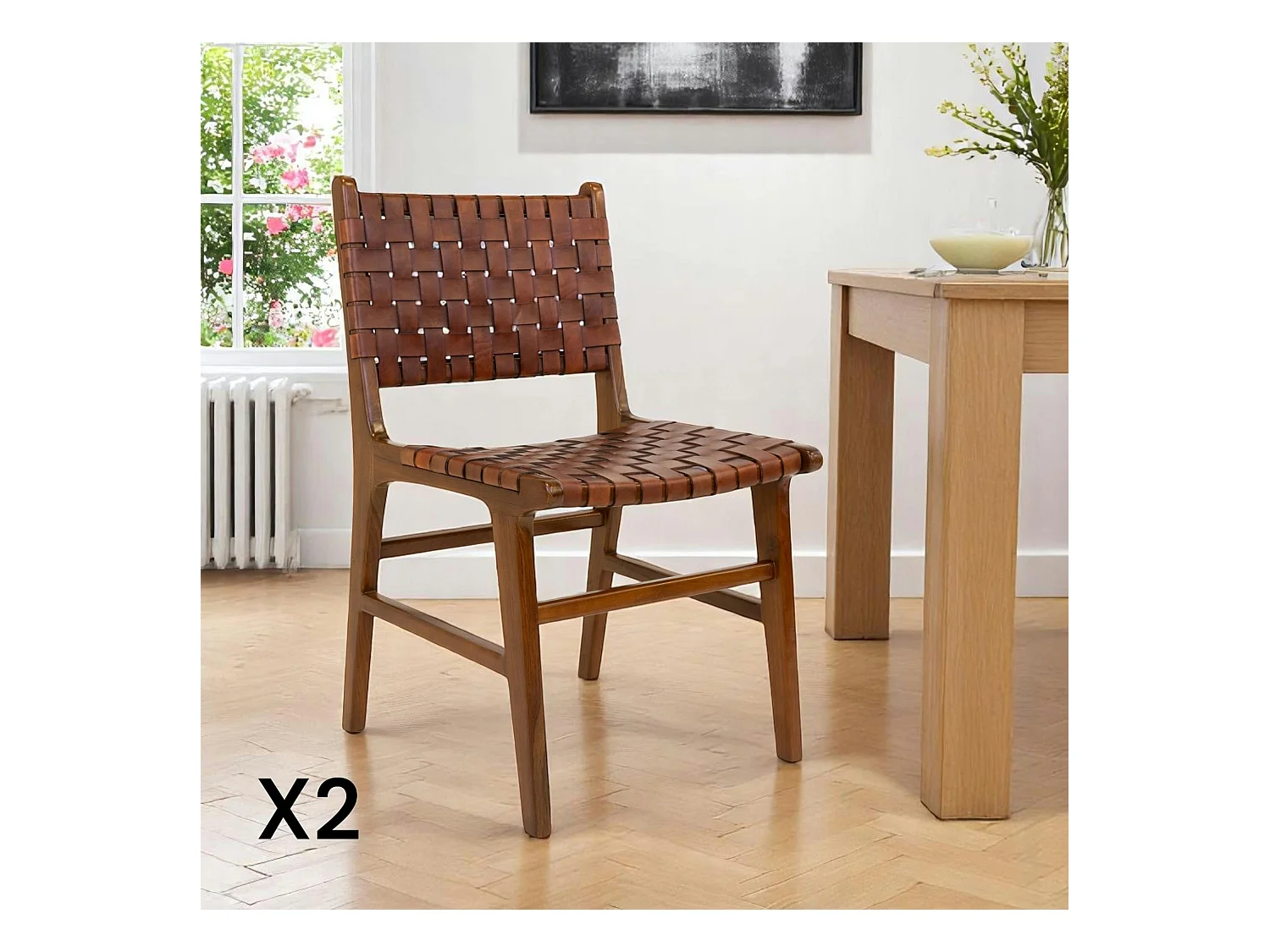Chaise en bois et cuir tressé marron (lot de 2) MENDOZA