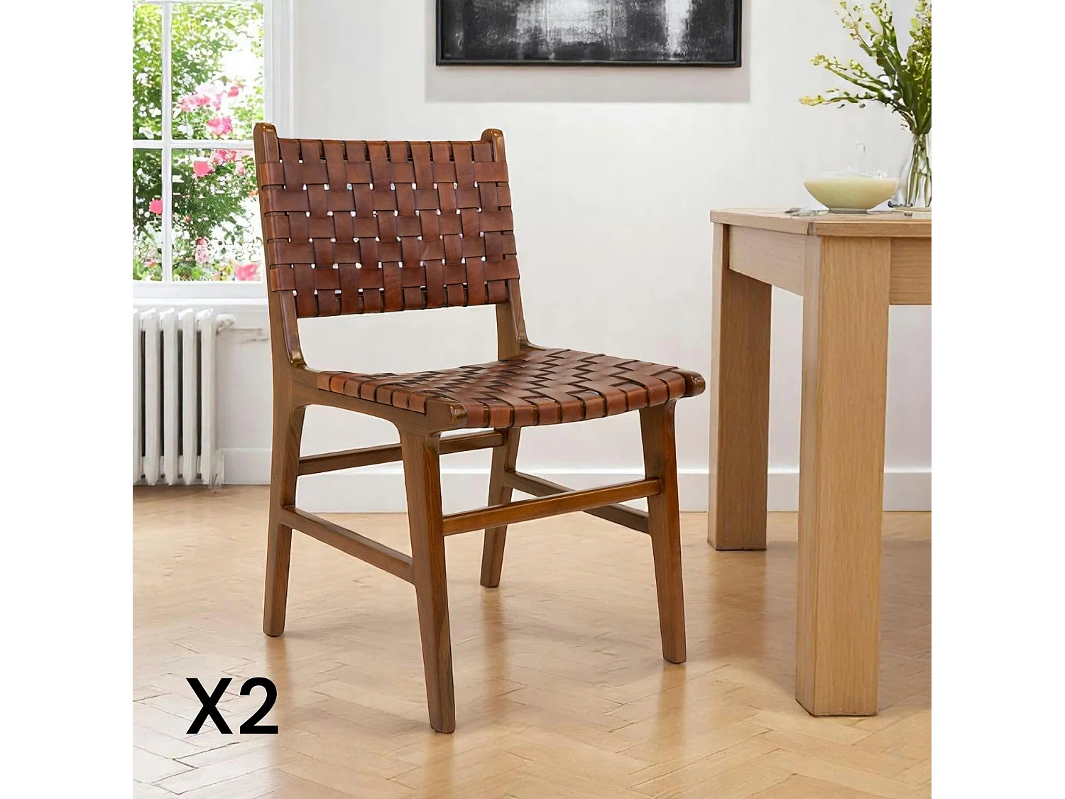 Chaise en bois et cuir tressé marron (lot de 2) MENDOZA
