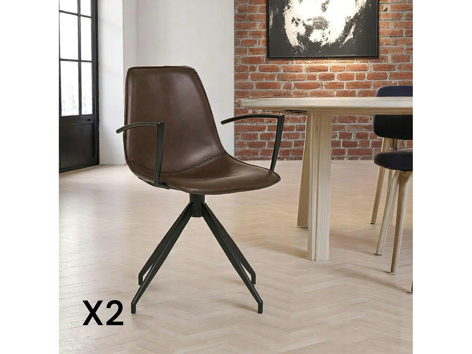 Chaise pivotante marron avec accoudoirs et motif couture (lot de 2) AMSTERDAM