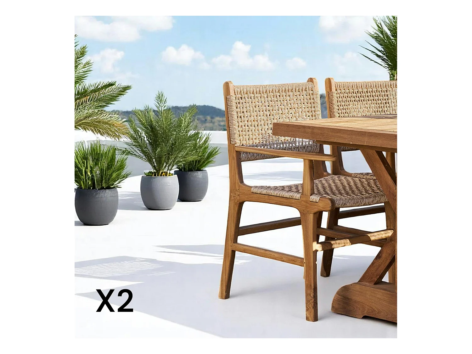 Chaise de jardin en teck et résine tressée avec accoudoirs (lot de 2) MENDOZA