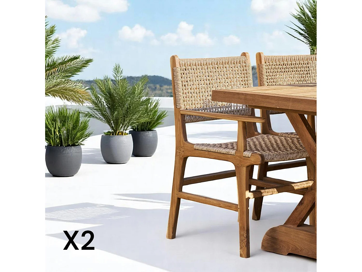 Chaise de jardin en teck et résine tressée avec accoudoirs (lot de 2) MENDOZA