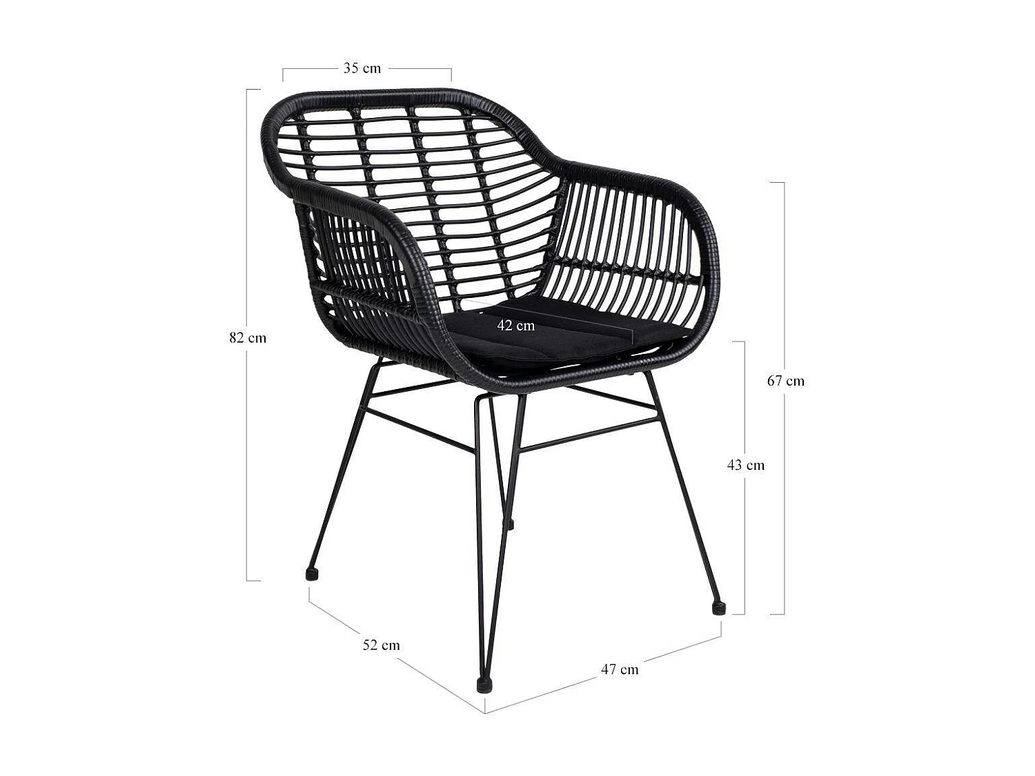 Chaise de jardin noire en rotin synthétique avec accoudoirs et coussin d'assise (lot de 2) IBIZA