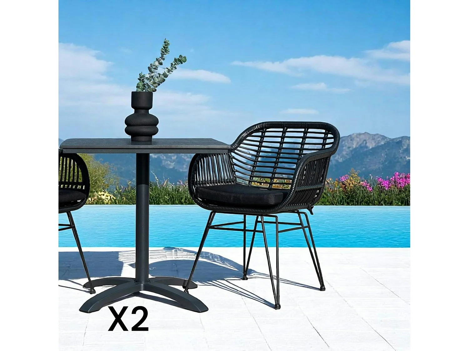 Chaise de jardin noire en rotin synthétique avec accoudoirs et coussin d'assise (lot de 2) IBIZA