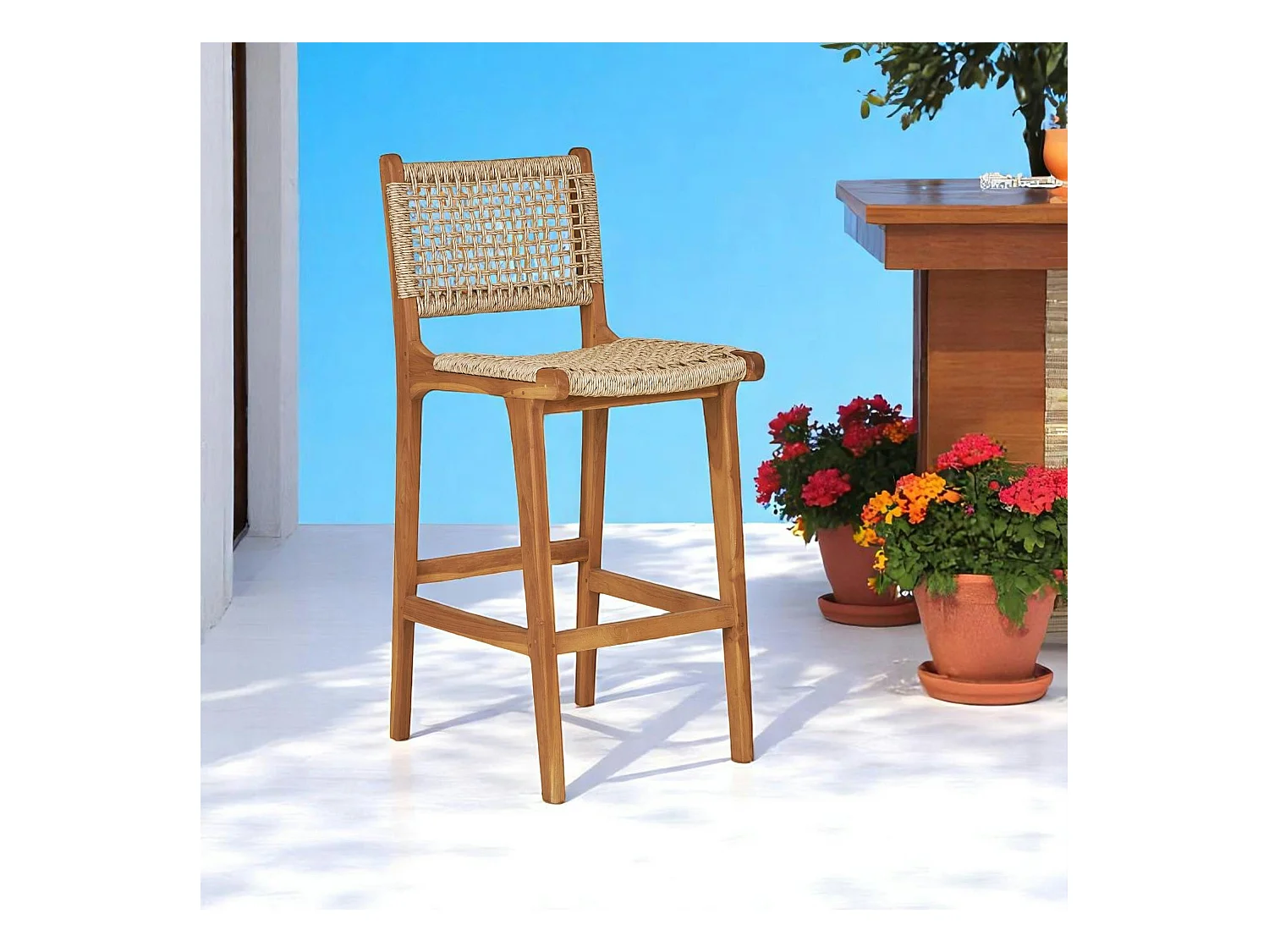 Chaise de bar jardin en teck et résine tressée MENDOZA