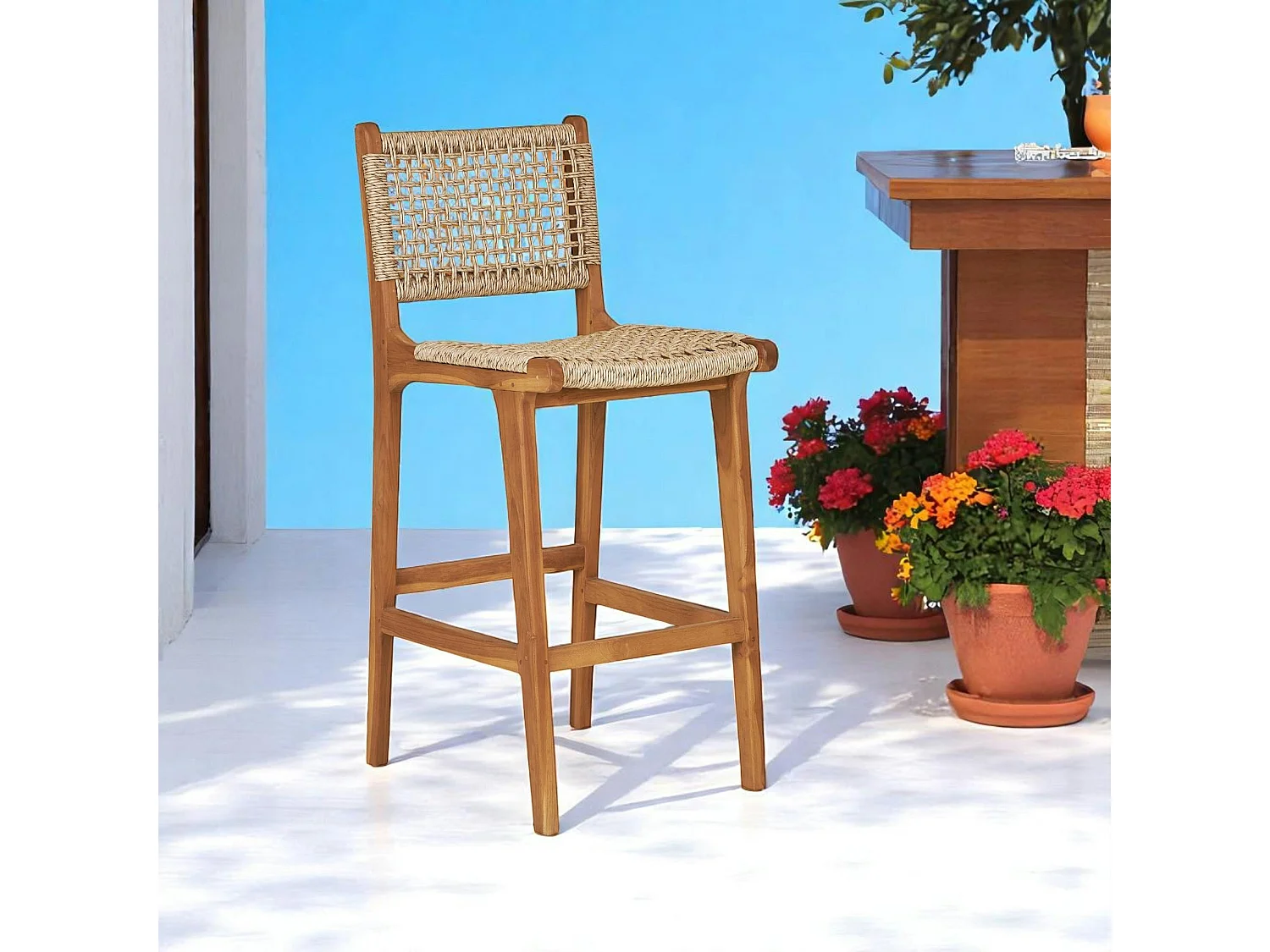 Chaise de bar jardin en teck et résine tressée MENDOZA