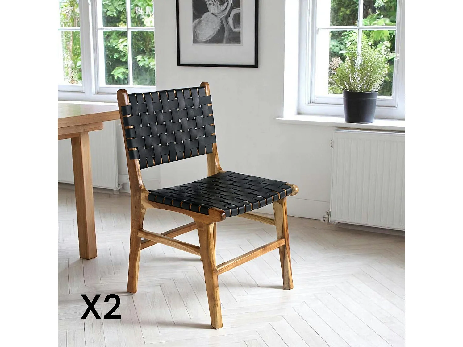Chaise en bois et cuir tressé noir (lot de 2) MENDOZA