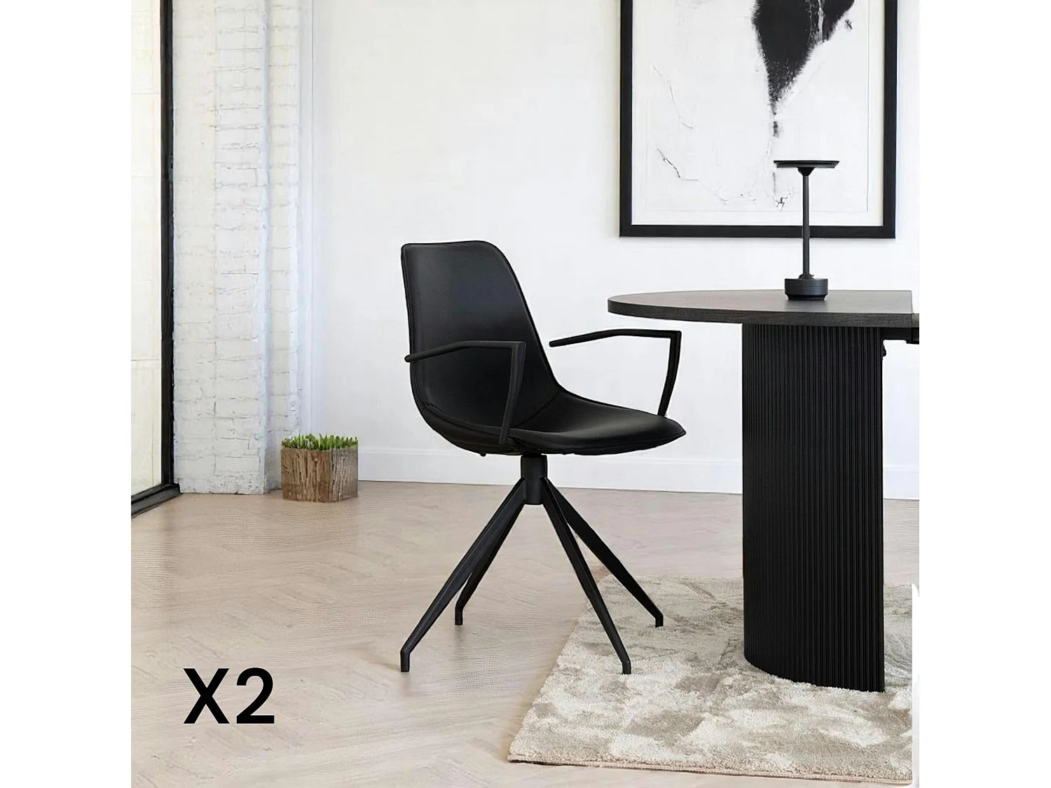 Chaise pivotante noire avec accoudoirs et motif couture (lot de 2) AMSTERDAM