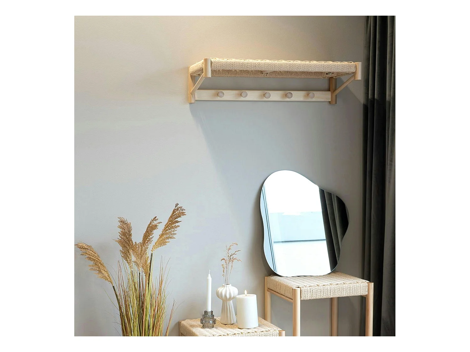 Portemanteau mural style scandinave en bois de peuplier et corde TALLINN