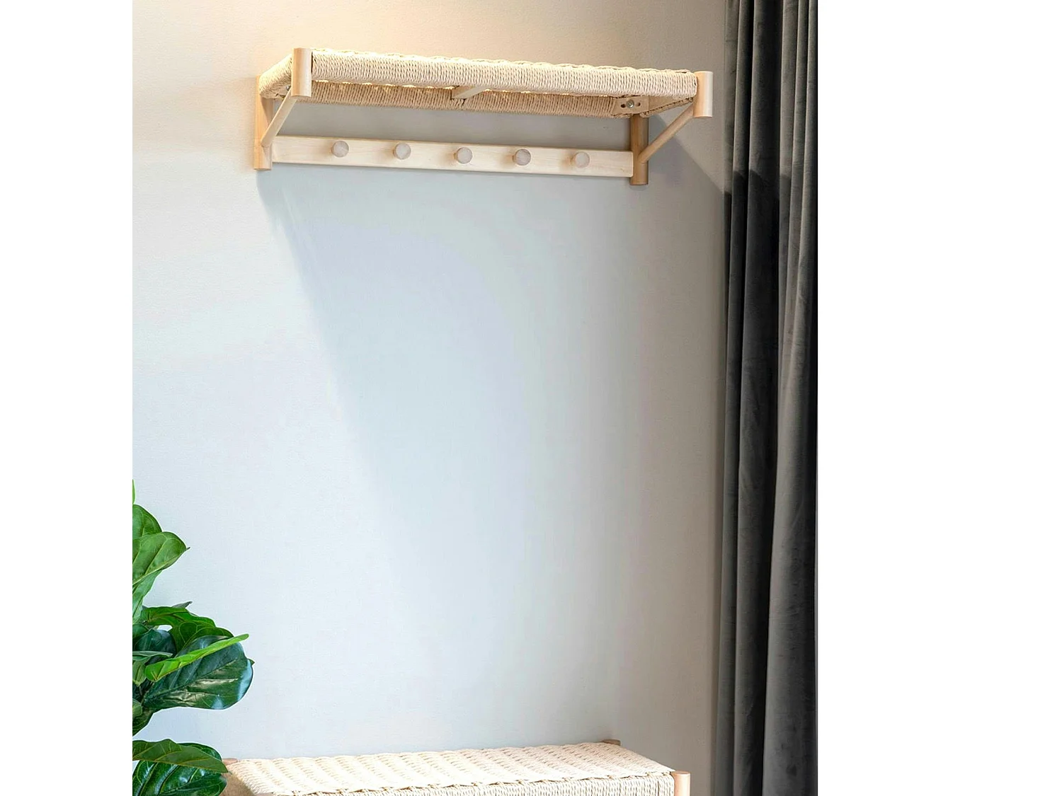 Portemanteau mural style scandinave en bois de peuplier et corde TALLINN