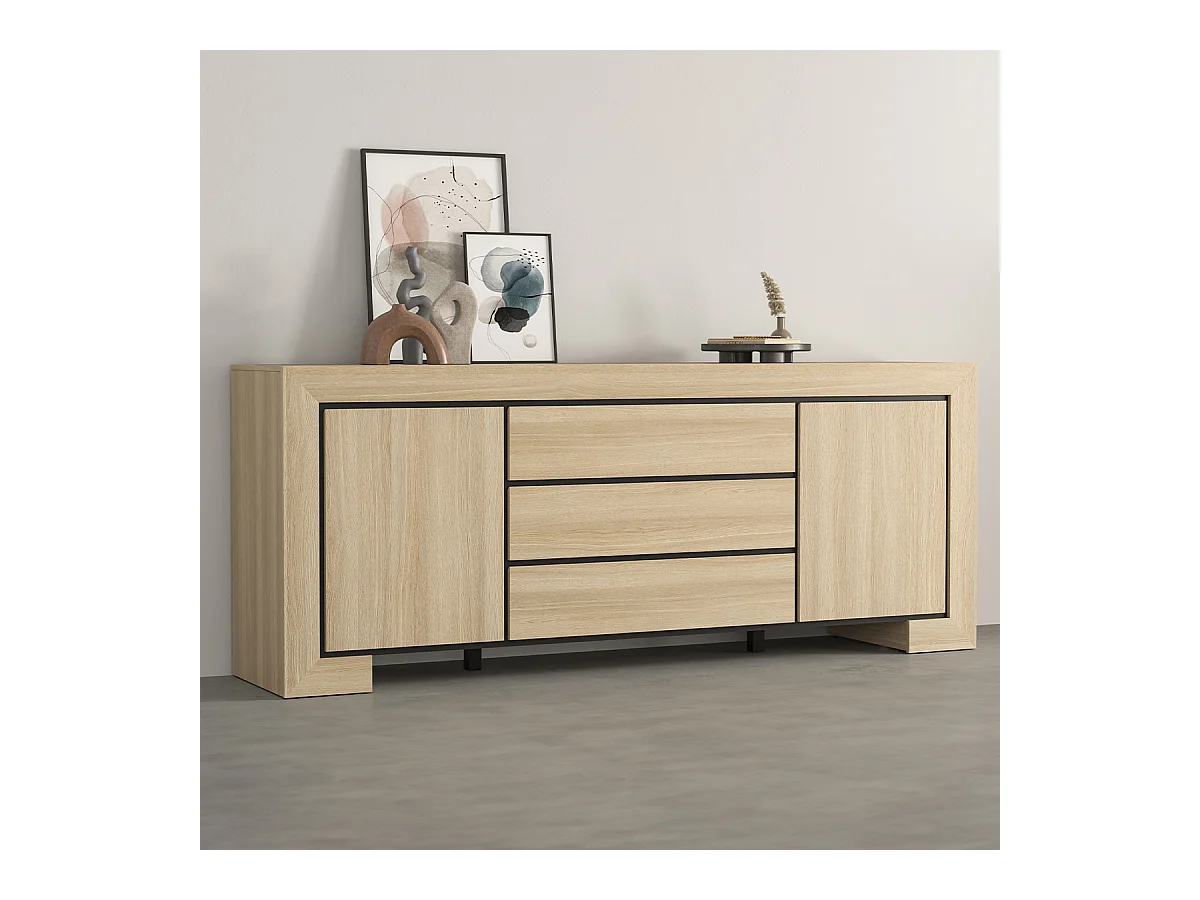Buffet 2 portes 3 tiroirs Lucius Bois et Noir