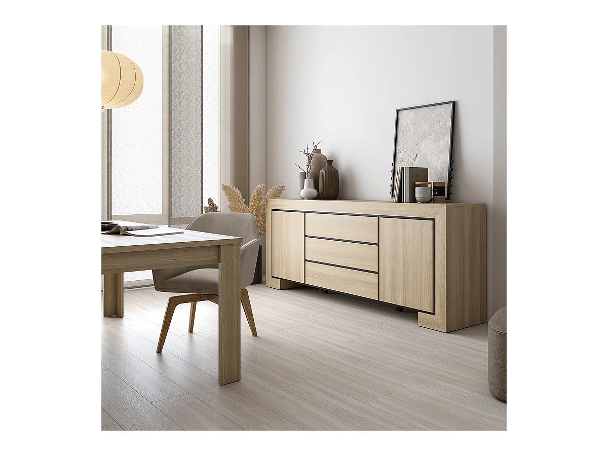 Buffet 2 portes 3 tiroirs Lucius Bois et Noir