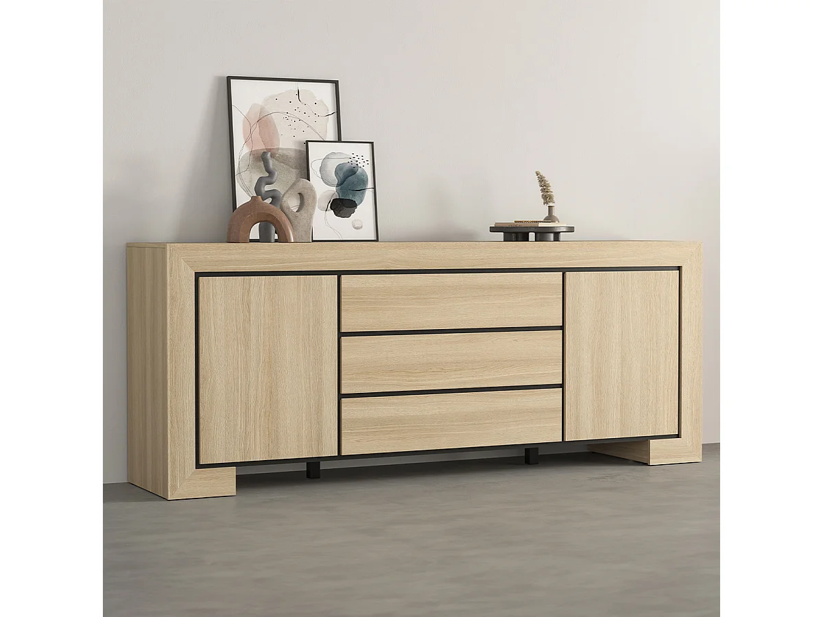 Aparador 2 portas 3 gavetas Lucius madeira e preto 90cm