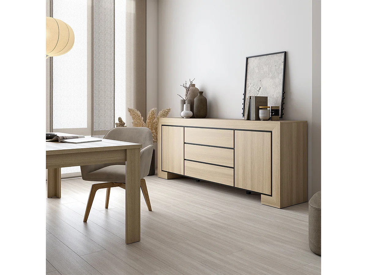 Aparador 2 portas 3 gavetas Lucius madeira e preto 90cm