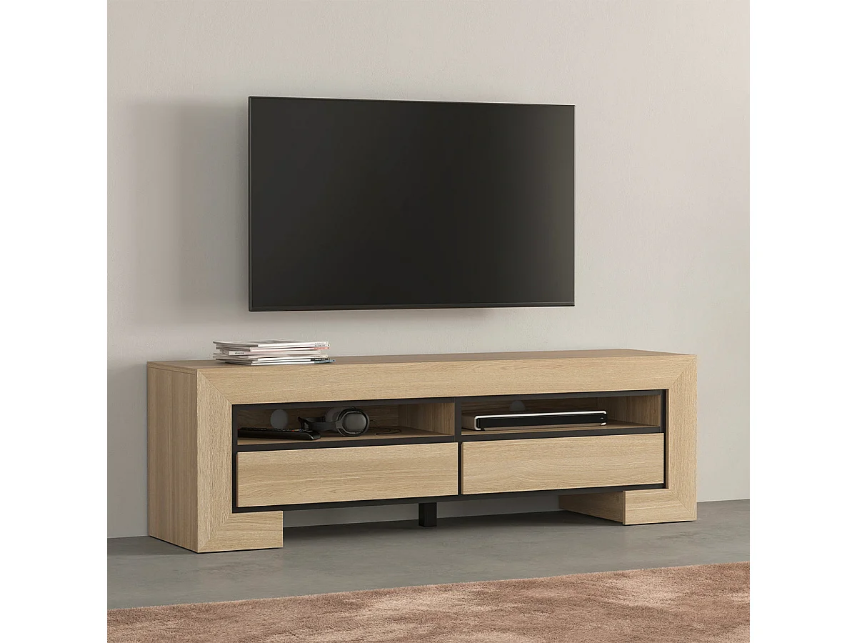 Meuble TV 2 tiroirs 160 cm Lucius Bois et Noir