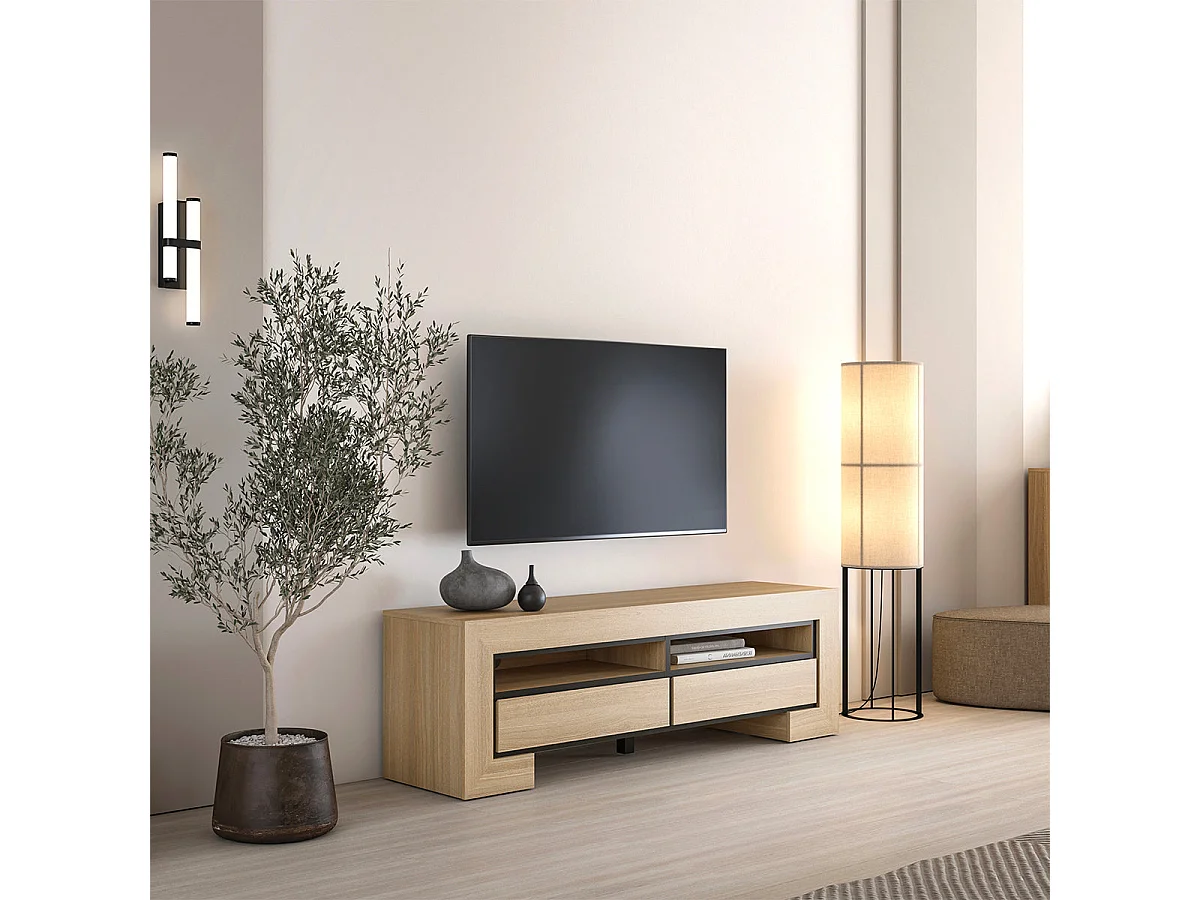 Meuble TV 2 tiroirs 160 cm Lucius Bois et Noir