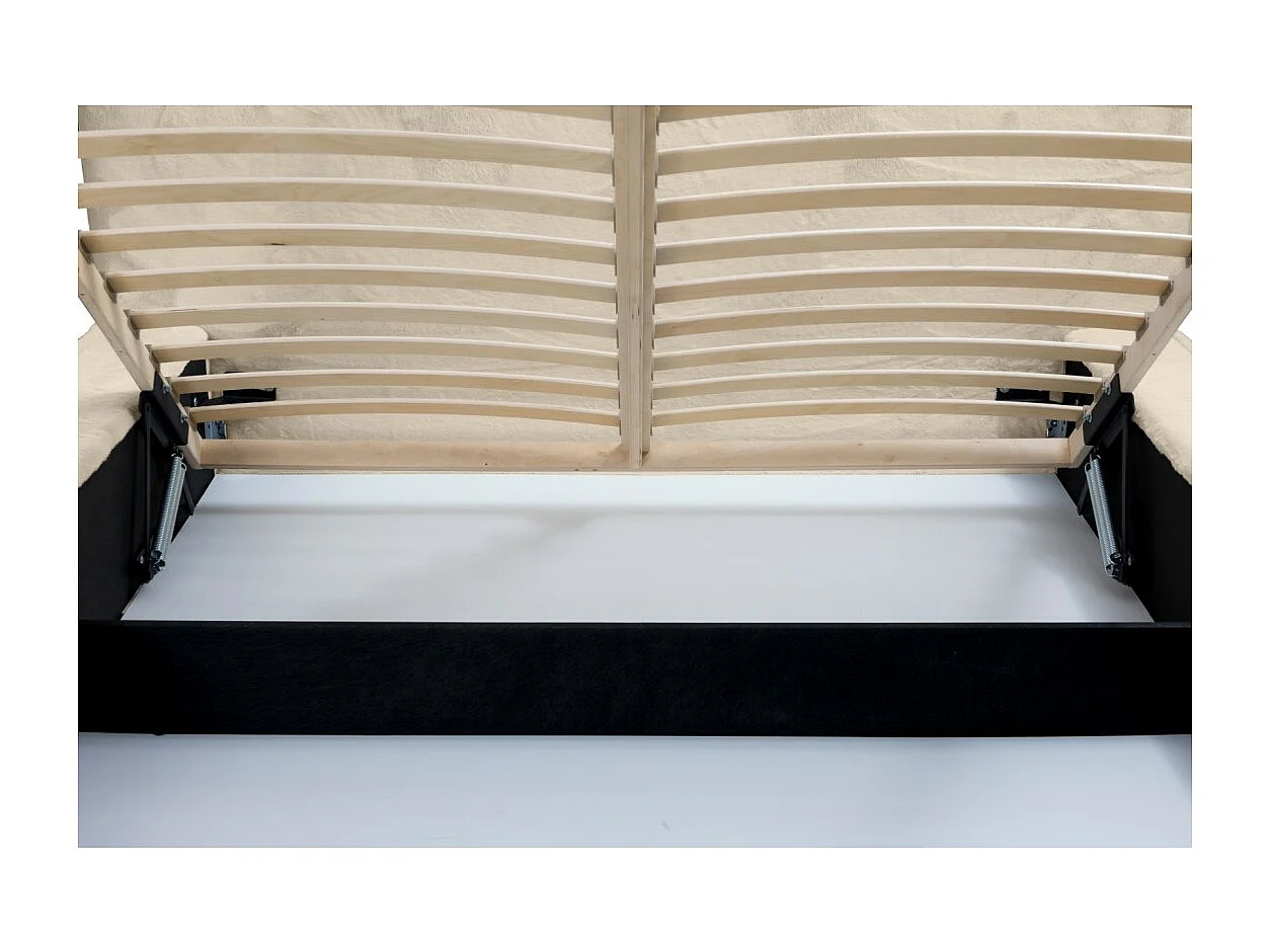 Cama baú ORLANE – Veludo Bege Duna – 180x200 cm – Estrado elevatório – Design de alta qualidade