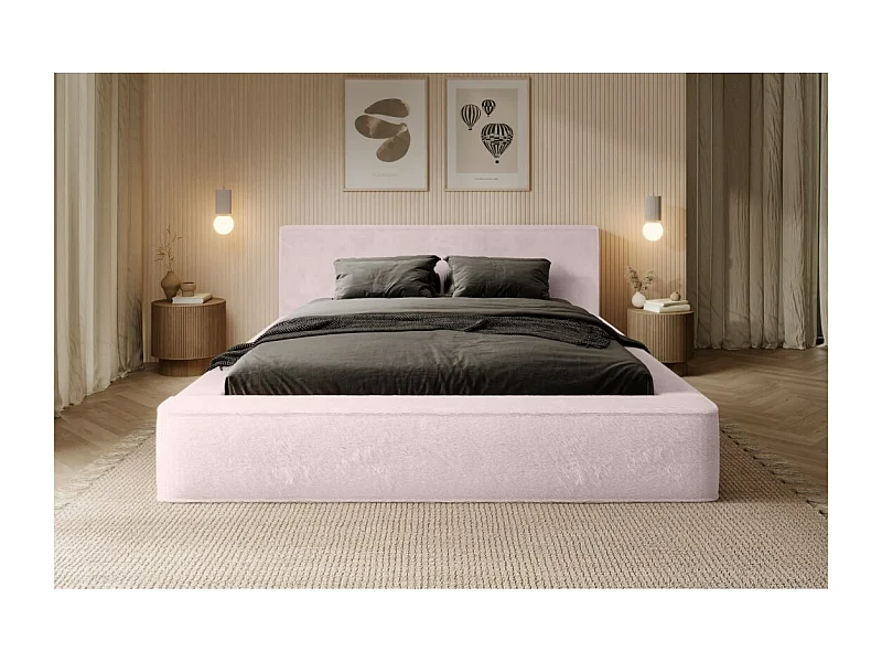 Cama baú ORLANE – Rosa Pó Polar – 180x200 cm – Estrado elevatório – Design de alta qualidade