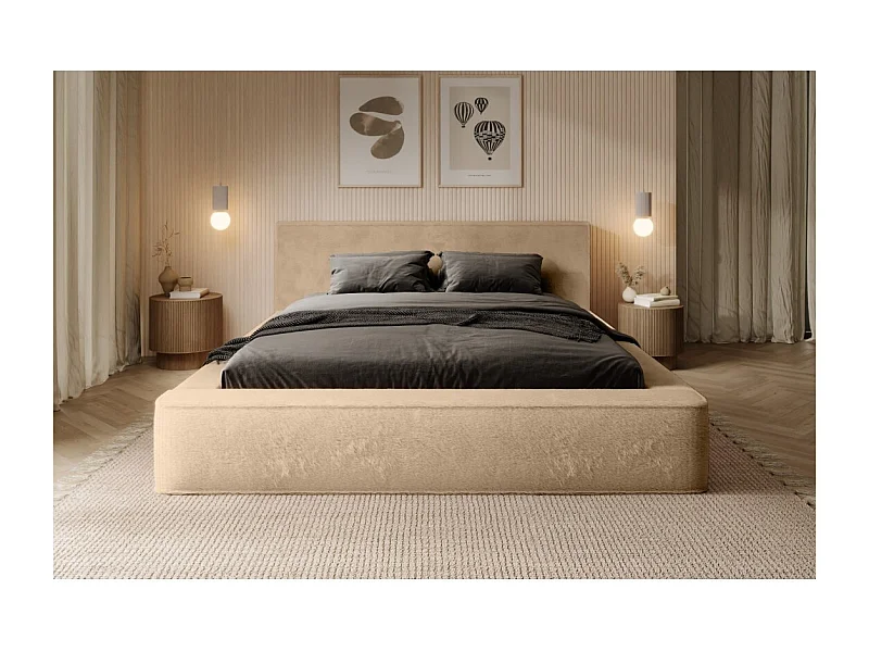 Cama con canapé ORLANE – Beige Polvo de miel polar – 160x200 cm – Somier elevable – Diseño de alta gama