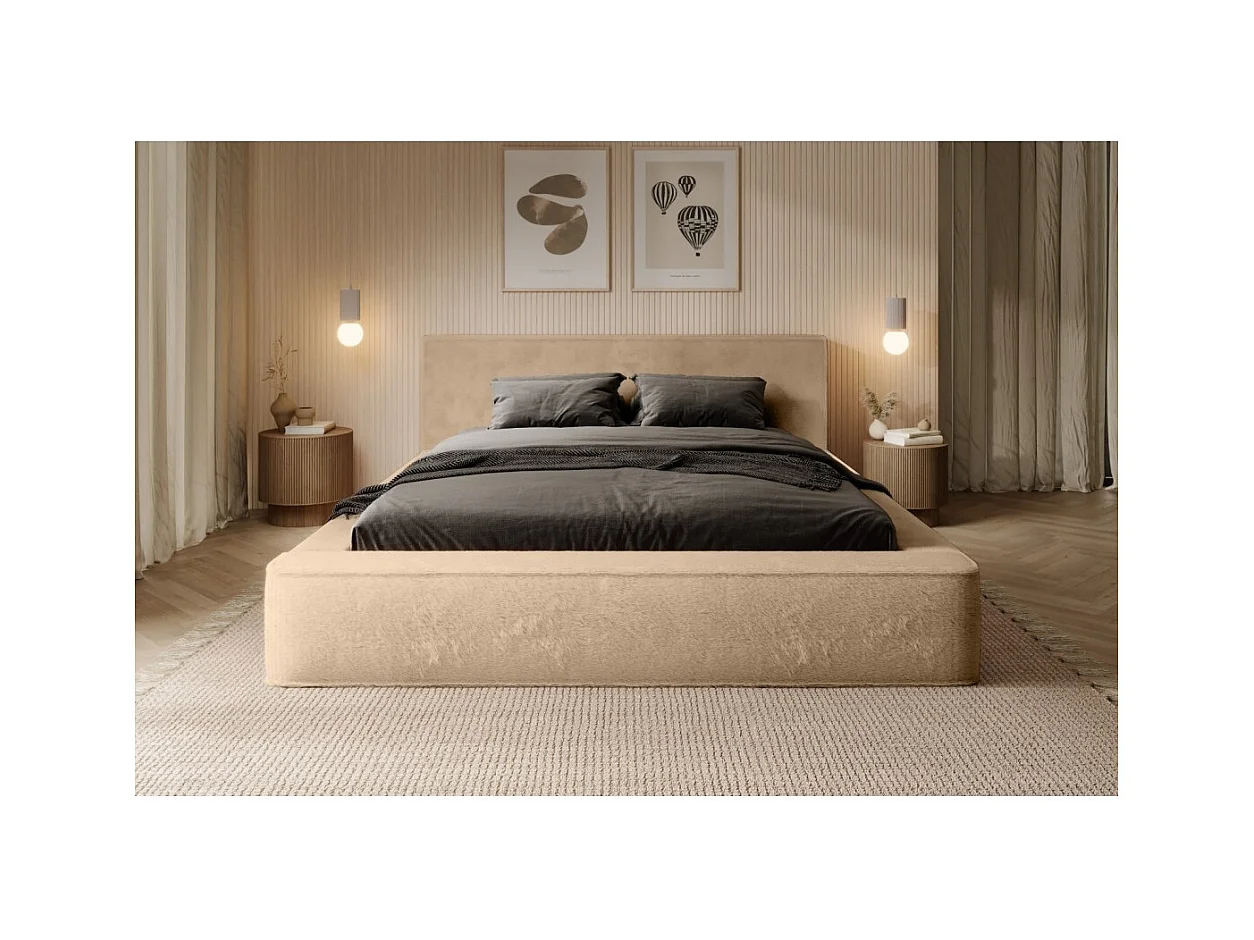 Cama con canapé ORLANE – Beige Polvo de miel polar – 160x200 cm – Somier elevable – Diseño de alta gama