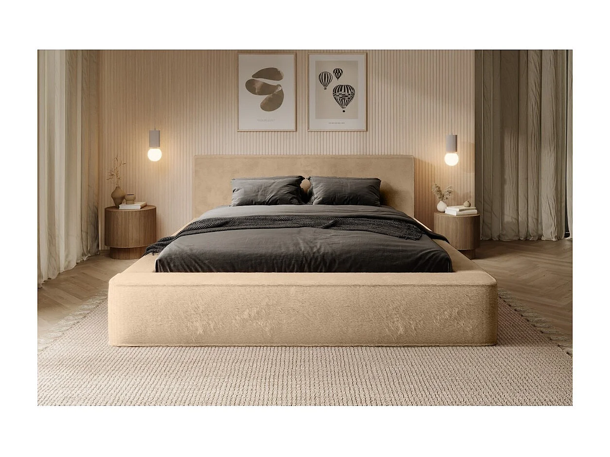 Cama con canapé ORLANE – Beige Polvo de miel polar – 160x200 cm – Somier elevable – Diseño de alta gama