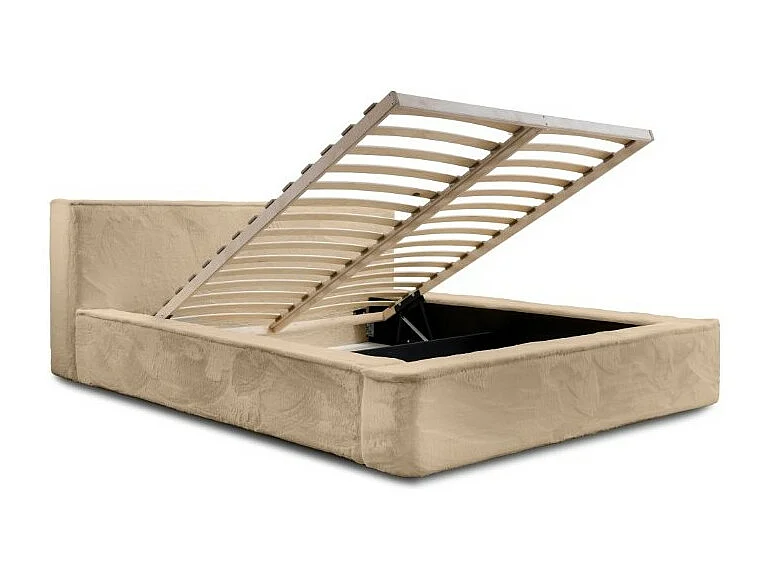 Cama con canapé ORLANE – Beige Polvo de miel polar – 160x200 cm – Somier elevable – Diseño de alta gama