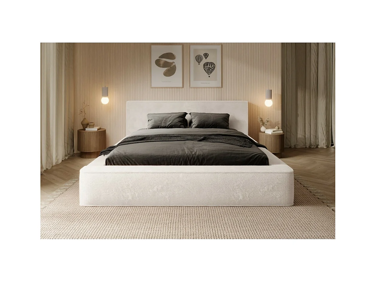 Cama con canapé ORLANE – Beige Arena nacarada polar – 140x200 cm – Somier elevable – Diseño de alta gama