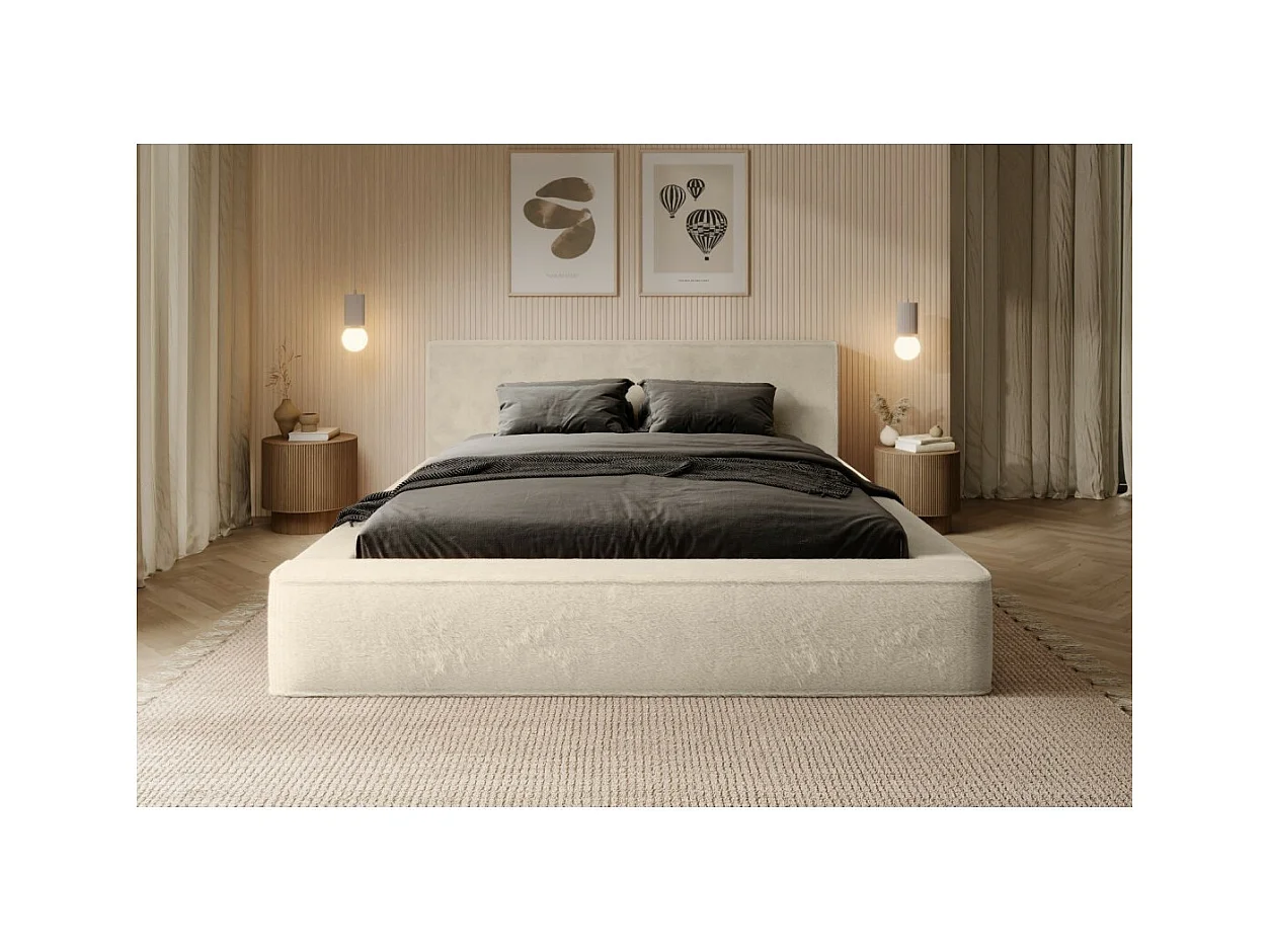Cama con canapé ORLANE - Terciopelo Beige de duna - 140x200 cm - Somier elevable - Diseño de alta gama