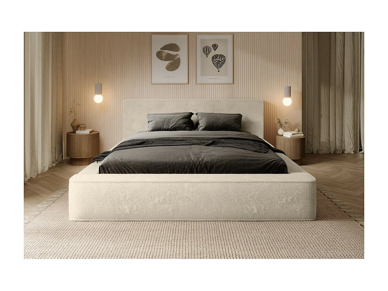 Cama con canapé ORLANE - Terciopelo Beige de duna - 140x200 cm - Somier elevable - Diseño de alta gama