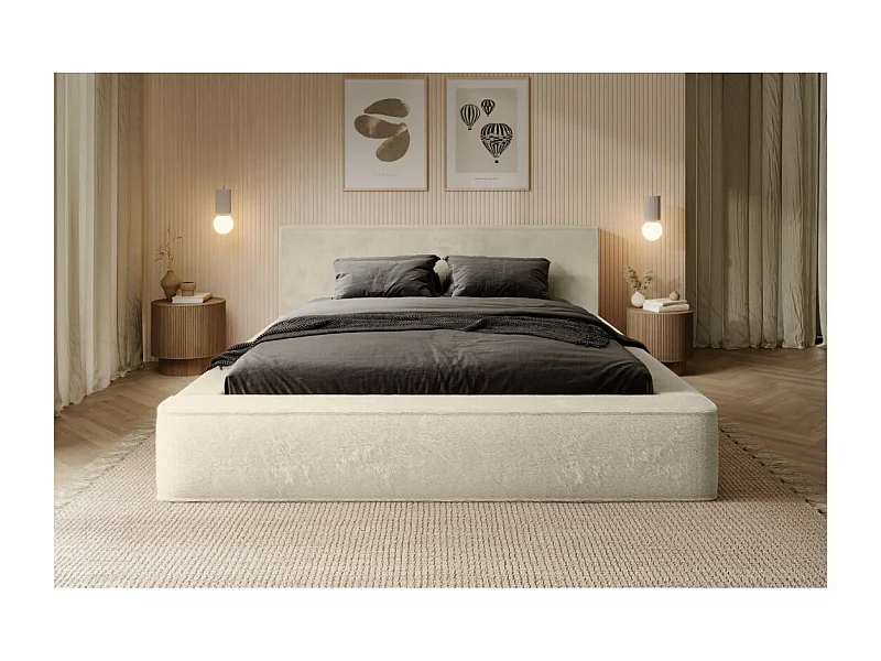 Cama con canapé ORLANE - Terciopelo Beige de duna - 140x200 cm - Somier elevable - Diseño de alta gama