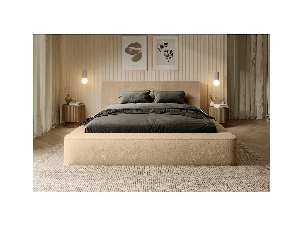 Cama con canapé ORLANE – Beige Polvo de miel polar – 140x200 cm – Somier elevable – Diseño de alta gama