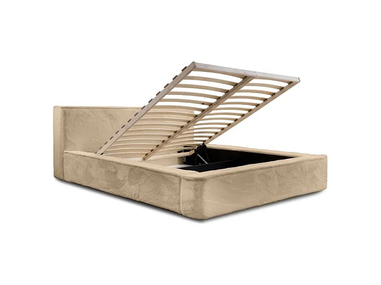 Cama con canapé ORLANE – Beige Polvo de miel polar – 140x200 cm – Somier elevable – Diseño de alta gama