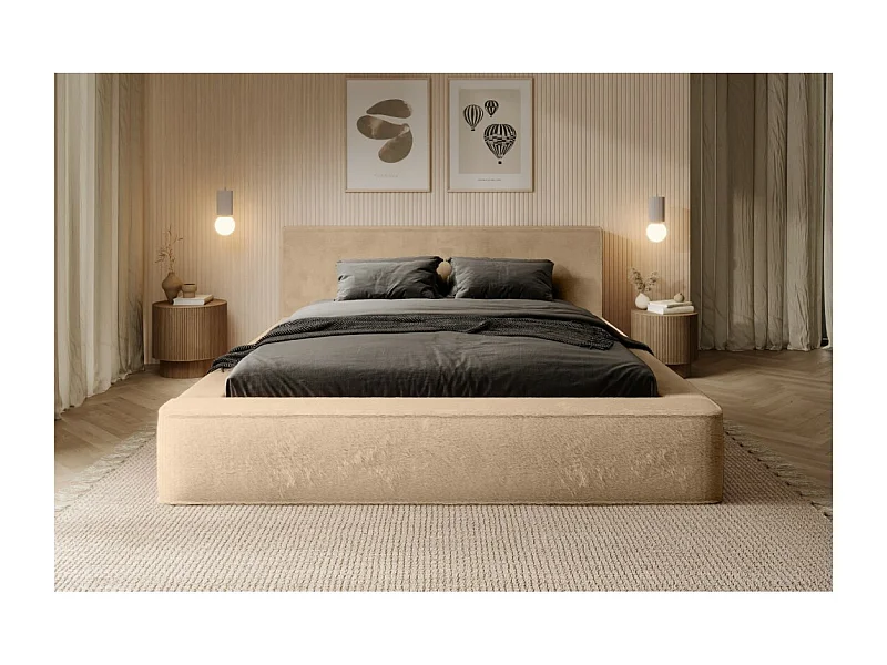 Lit coffre ORLANE – Beige Poudre de miel polaire – 140x200 cm – Sommier relevable – Design haut de gamme