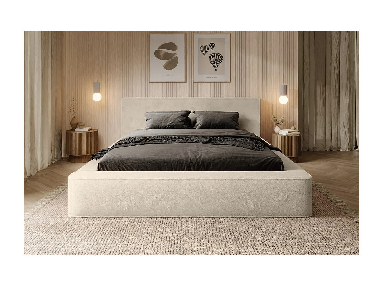 Cama con canapé ORLANE – Terciopelo beige de duna – 160x200 cm – Somier elevable – Diseño de alta gama